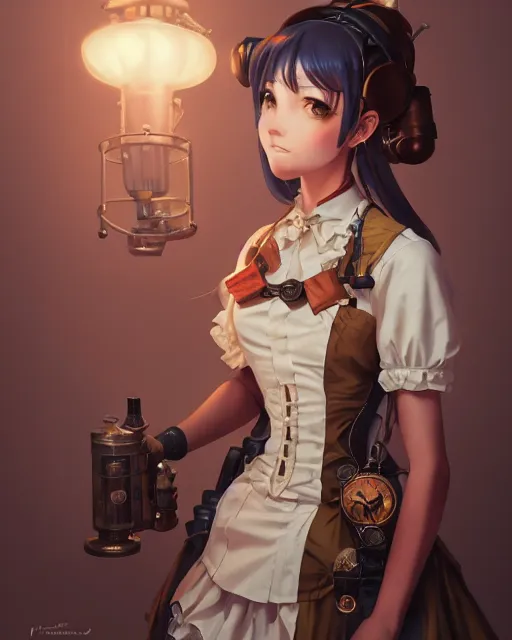 Image similar to a portrait of a steampunk maid, steampunk setting, vivid colors, soft lighting, atmospheric, cinematic, moody, in the style of Ilya Kuvshinov and Range Murata, Krenz Cushart, oil on canvas, 8K