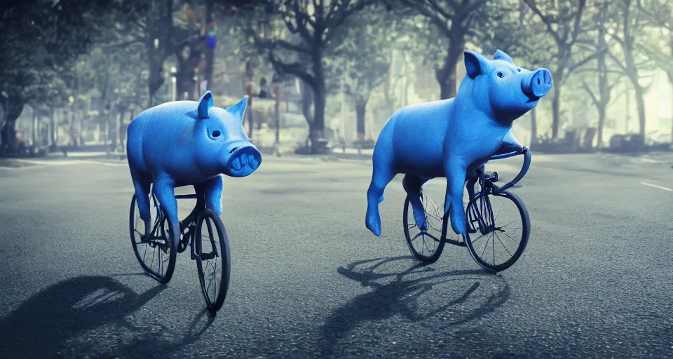 Image similar to a blue pig riding a bicycle, atmospheric lighting, 4 k, realistic