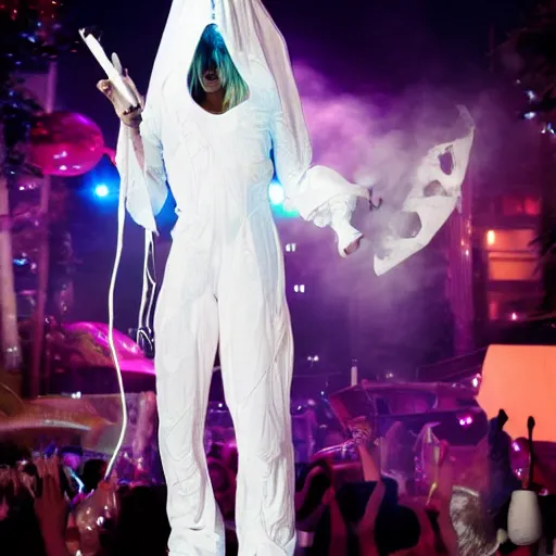 Prompt: a singer wearing white alien costume, holding an intricate futuristic wand, new years eve