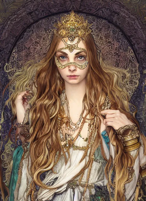 Image similar to Klara Delevingne as God of Fashion, cute, fantasy, intricate, elegant, highly detailed, digital painting, 4k, HDR, concept art, smooth, sharp focus, illustration, art by alphonse mucha,artgerm, H R Giger