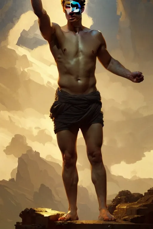 Image similar to Mark Zuckerberg as a Greek god, gorgeous, amazing, muscular, fit, very muscular male body, intricate, highly detailed, digital painting, artstation, concept art, sharp focus, illustration, art by greg rutkowski and alphonse mucha