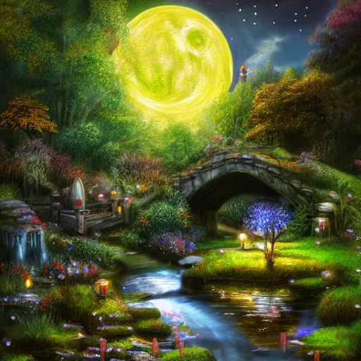 Image similar to painting, high detail, woodland village, in the night, fantasy, crescent moon, stone paths, bridge, water stream, luminous, toadstools, fireflies, fantasy,, flowers, waterfall, lanterns, mist, highly detailed painting, fine lines, 8 k realistic, sharp focus