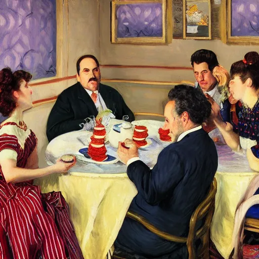 Image similar to seinfeld fancy tea party, george costanza, kramer, elaine, digital art, illustration, highly detailed, warm color scheme, soft lighting, sharp focus, gustave caillebotte, artemisia gentileschi