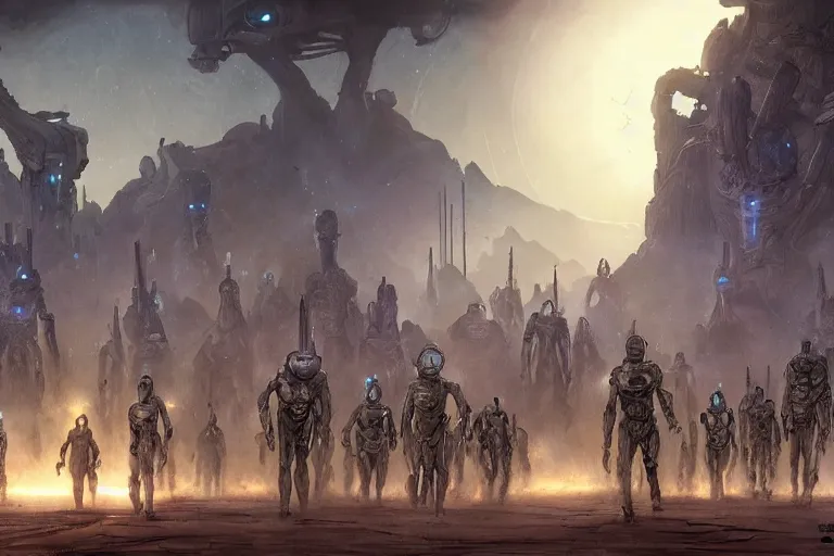 Image similar to ancient alien portral, a crowd of androids walking in a straight line along a path towards a portal, pilgrimage, in mad max style, stargate, coriolios rpg art style, full of details, dark sci - fi, cold blue colors, matte painting, artstation, 8 k, hyperrealistic, style of peter mohrbacher