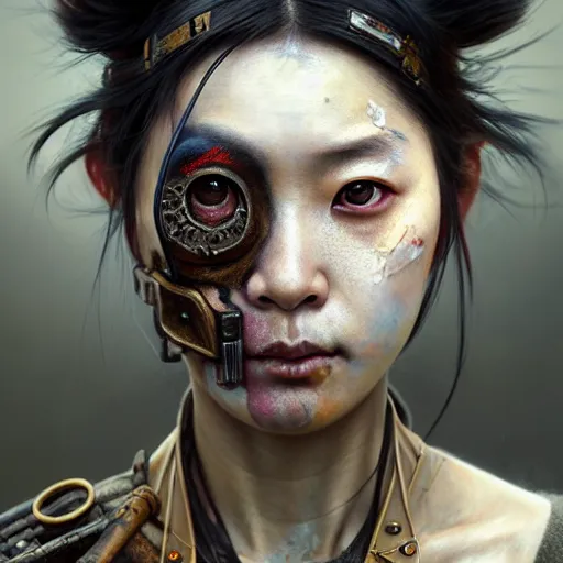 Prompt: portrait painting of a post - apocalyptic japanese lady wearing rusty samurai armor and traditional warpaint, ultra realistic, concept art, intricate details, eerie, highly detailed, photorealistic, octane render, 8 k, unreal engine. art by artgerm and greg rutkowski and charlie bowater and magali villeneuve and alphonse mucha