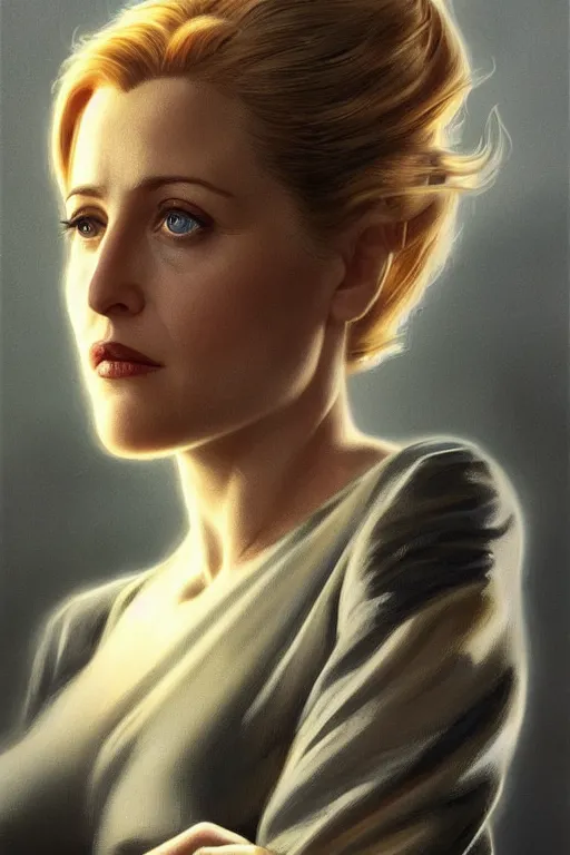 Image similar to young Gillian Anderson as a ruggedly beautiful retro SCI-FI heroine 1985 , intricate, elegant, highly detailed, centered, digital painting, artstation, concept art, smooth, sharp focus, illustration, art by artgerm and donato giancola and Joseph Christian Leyendecker, Ross Tran, WLOP