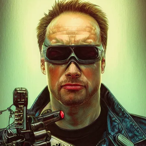 Image similar to portrait of The Nostalgia Critic as The Terminator , goofy, intricate, headshot, highly detailed, digital painting, artstation, concept art, sharp focus, illustration, art by artgerm and greg rutkowski and alphonse mucha