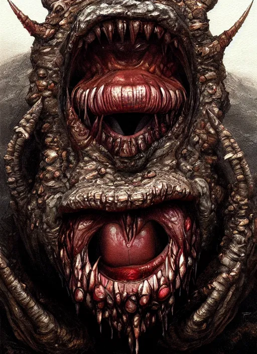 Image similar to close up portrait of a monster in the mountains of hell, one mouth, one nose, two eyes, oil painting by tomasz jedruszek, cinematic lighting, pen and ink, intricate line, hd, 4 k, million of likes, trending on artstation