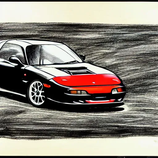 Prompt: pen ink drawing black red 1999 FD RX-7 front side view dynamic racing motion blur Shuichi Shigeno and Michiharu Kusunoki