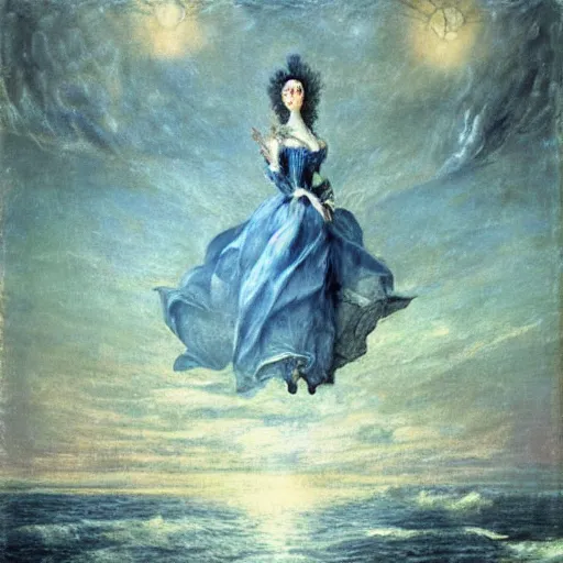 Prompt: Marie Antoinette levitating over the sea. El Greco, Remedios Varo, Salvador Dali, Carl Gustav Carus, John Atkinson Grimshaw. Blue tint. Symetrical, logo, geometric shapes, high detail, great lighting, 8k resolution, masterpiece, concept art, illustration