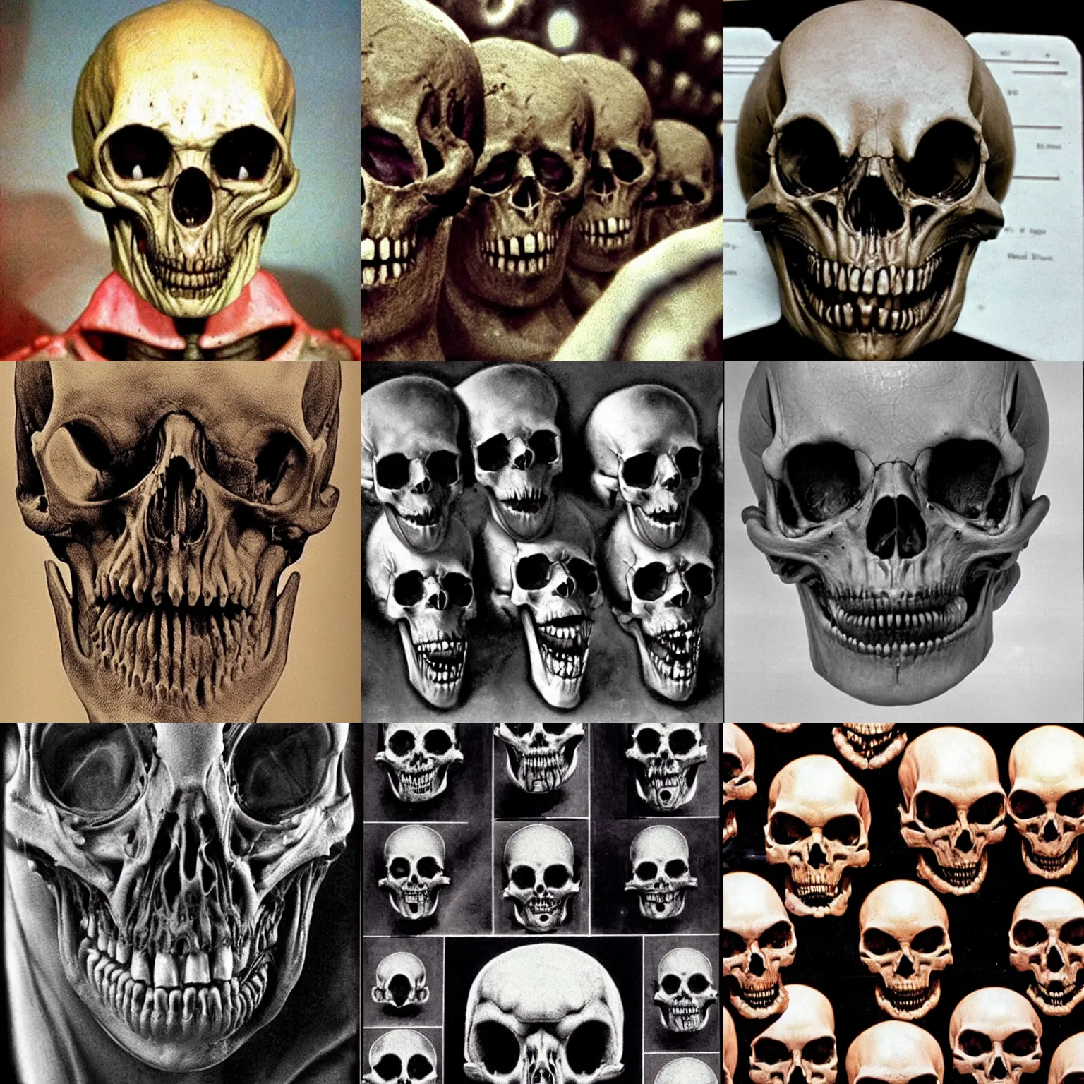 Prompt: alien skulls from horror sci-fi film. Disturbing medical imagery.