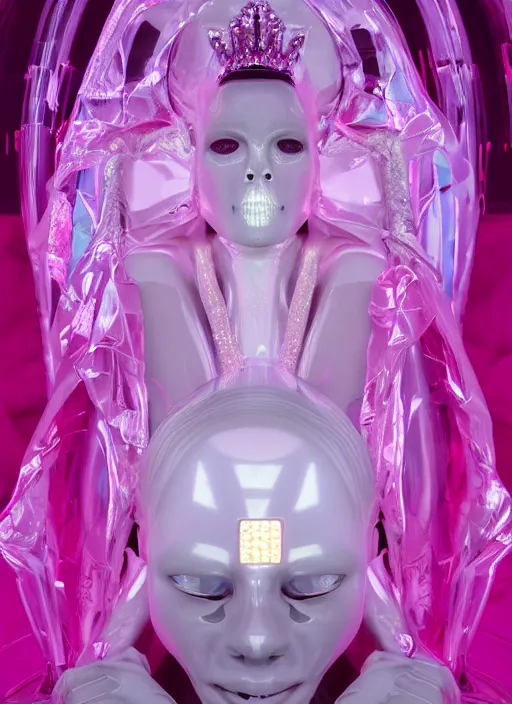 Prompt: photo of fullbodied baroque and bladerunner delicate neon diamond sculpture of seductive ceramic albino marble prince brian whittaker dotado mint iridescent humanoid deity wearing pink plastic trashbag hooded cloak holding diamond skull in a white alien dungeon, reclining, glowing magenta face, crown of white diamonds, cinematic lighting, photorealistic, octane render 8 k depth of field 3 d