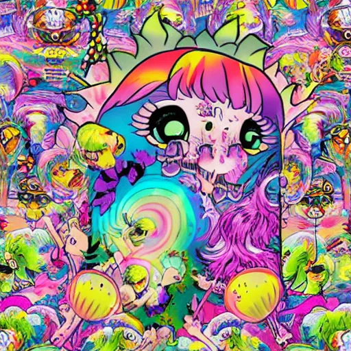 Prompt: Lisa Frank and Horror Manga collaboration