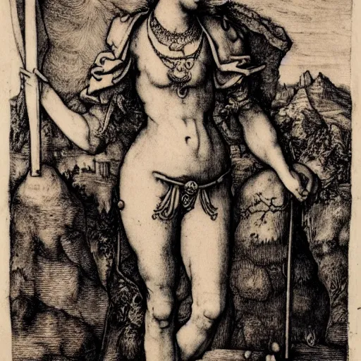 Image similar to albrecht durer, albrecht altdorfer, hans holbein, lucas cranach, gustave dore, engraving-style tattoo of regal female boddhisatva with the attributes of Diana, Athena, Guanyin, Shakti, Deborah, and Seshat, standing gracefully, wearing a robe