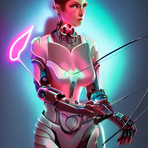 Prompt: portrait of an astonishing beautiful futuristic robot archer, glowing neon bow, realistic, artgerm and peter mohrbacher style, 4k