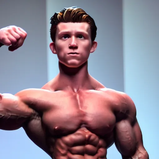 Image similar to a realistic detailed photo of a bodybuilder who is also a male android, tom holland, shiny skin, posing like a statue, blank stare