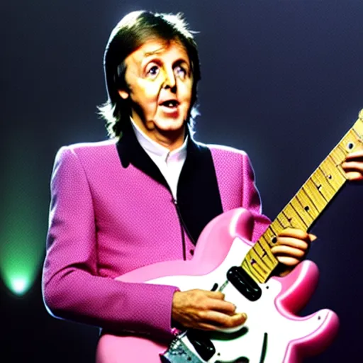 Image similar to Paul McCartney playing a Squier Hello Kitty Stratocaster, 8k, high definition, highly detailed, photorealistic