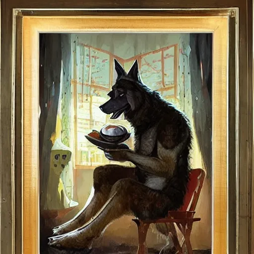 Image similar to a humanoid german shepherd beast - man, sitting and watching a soccer match in his house on television, he has hurt his knee and is a dad, by erin hanson, alexi zaitsev, karl spitzweg, award winning, tv set