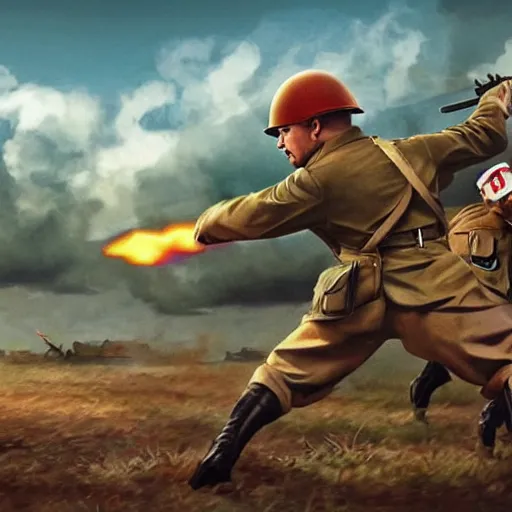 Image similar to ! pikachu! fighting stalin in ww 2 uniform and a mustache, fighting in world war 2, photorealistic, high detail, realistic, sharp focus, smooth edges, soldiers in the background, dramatic, sky on fire with dogfights in the sky. wide angle