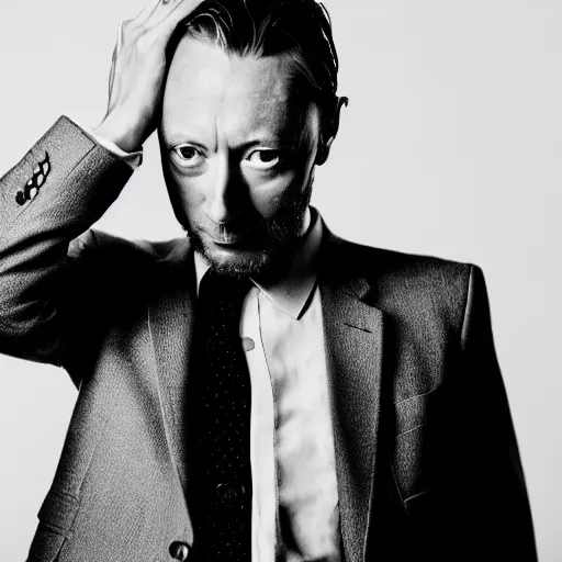 Prompt: a black and white photo of thom yorke in a suit by John E. Berninger, featured on pexels, les nabis, studio portrait, chiaroscuro, ultrafine detail