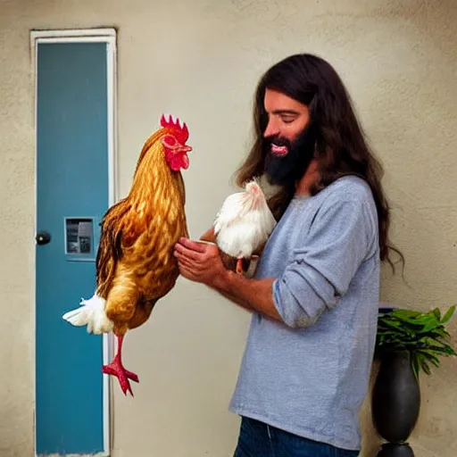 Image similar to jesus handing over a chicken to you as a present