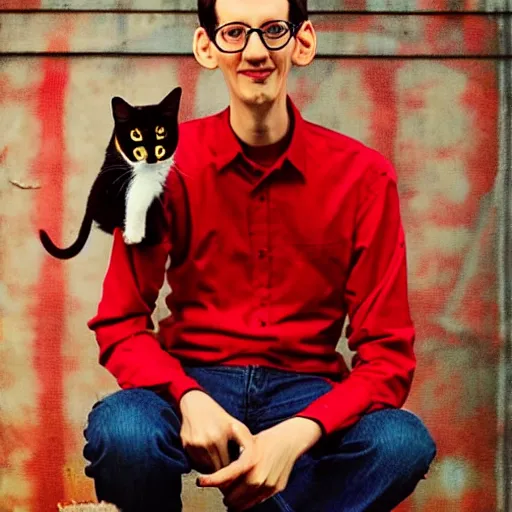 Prompt: an album of neil cicierega holding a cat, in a red color style, in a railroad background