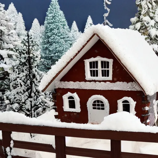 Prompt: house made out of snow built inside a chocolate world, scenic view, high quality photo, 4k