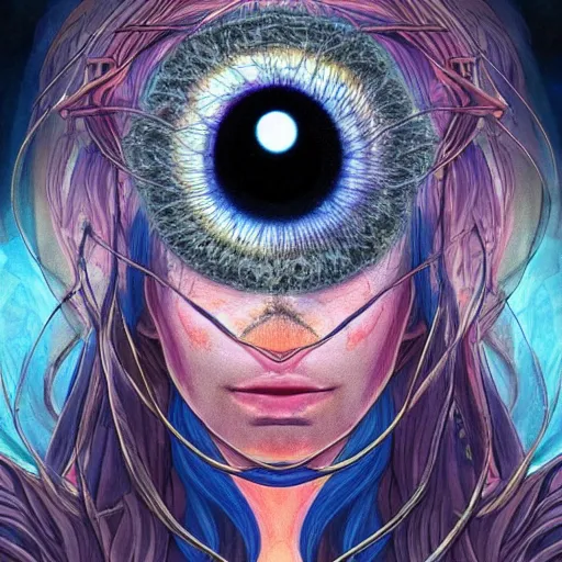 Image similar to !5 three eyed goddesses, third eyes middle of foreheads, very wide wide shot, very hairy bodies, beautiful colors, eyes in forehead, beautiful lighting, detailed photographs, very detailed, eyes reflecting into eyes reflecting into infinity