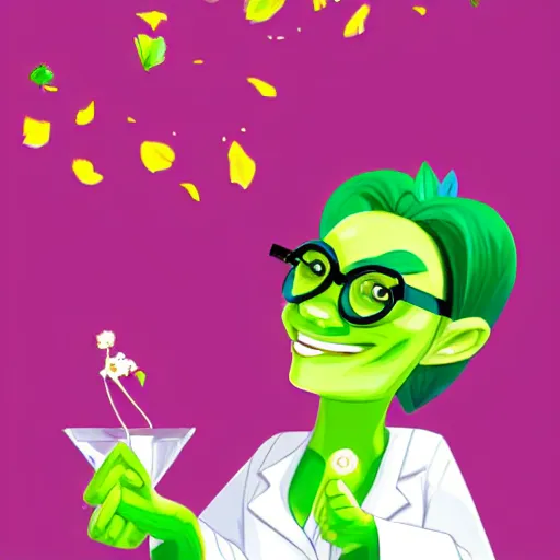 Prompt: A pretty green-skinned woman plant hybrid with giant pink flower petals instead of hair, wearing a white lab coat, evil mad scientist with big glasses, smug evil grin expression. high quality award winning character design, digital art