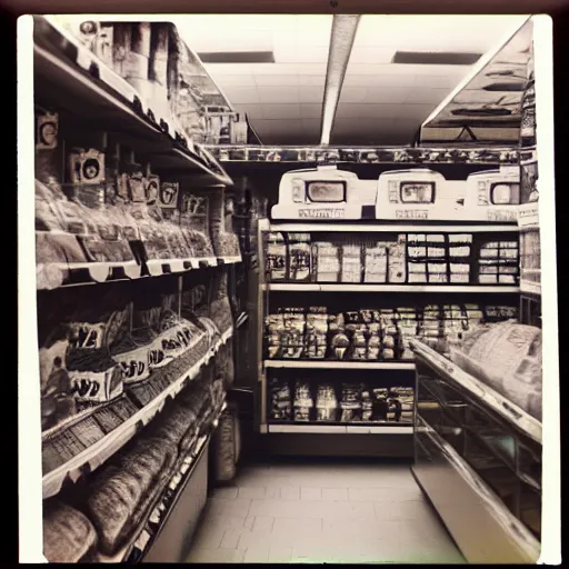 Image similar to Vintage Photograph of a futuristic time machine inside of a grocery store, shallow depth of field, awkward, out of place, polaroid 600 Color