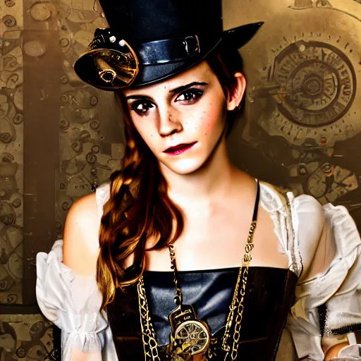 Image similar to emma watson, steampunk style, studio portrait photo, 50mm lens