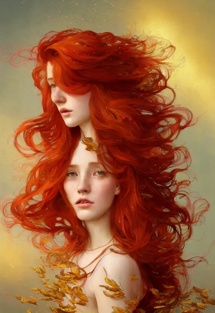 Image similar to beautiful watercolor painting of a young red hair woman surrounded by golden fish, intricate, elegant, highly detailed, digital painting, artstation, concept art, smooth, sharp focus, art by krenz cushart and artem demura and alphonse mucha, dynamic lighting, full body shot, ultrarealistic, cinematic, octane render, 8 k