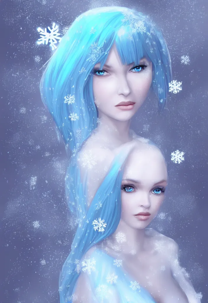 Image similar to a stunningly beautiful woman with pale blue hair wearing a dress made out of snowflake in the middle of a snowstorm. award - winning digital art, trending on artstation