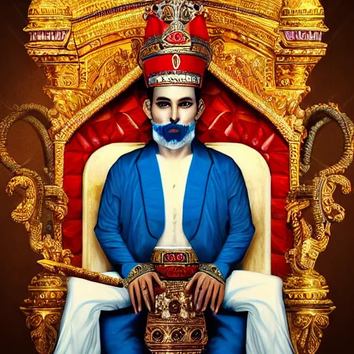 Image similar to the king of india sitting on a throne, detailed face with red lips, blue eyes and large forehead, moody atmosphere, digital art, highly detailed, high contrast, beautiful lighting, award winning, trending on art station, photorealistic, 8 k,