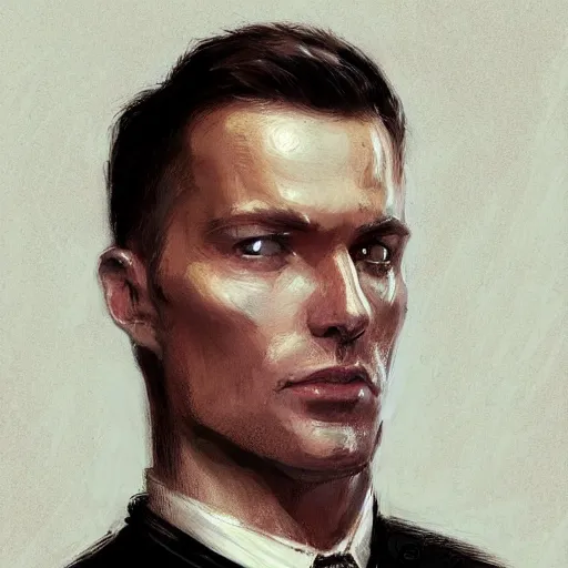 Image similar to Portrait of a man by Greg Rutkowski, he is about 40 years old, mixture between russian and irish, coiffed brown hair, attractive, extremely pale white skin, smart looking, he is wearing a black futuristic lawyer outfit, highly detailed portrait, scifi, digital painting, artstation, concept art, smooth, sharp foccus ilustration, Artstation HQ