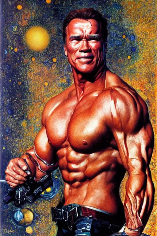 Image similar to character art the contra, bill rizer, arnold schwarzenegger, by karol bak, jean deville, gustav klimt