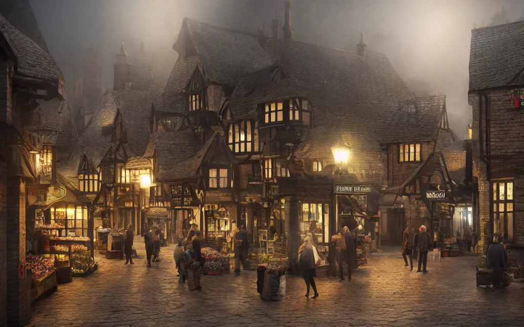 Image similar to at the market of a medeveil english town with mist, highly detailed, cinematic lighting, render, fantasy