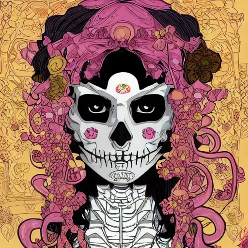 Image similar to anime manga skull portrait girl female skeleton wearing mask helmet 80s vaporwave detailed patterns art Geof Darrow and Ashley wood and Ilya repin and alphonse mucha pop art nouveau