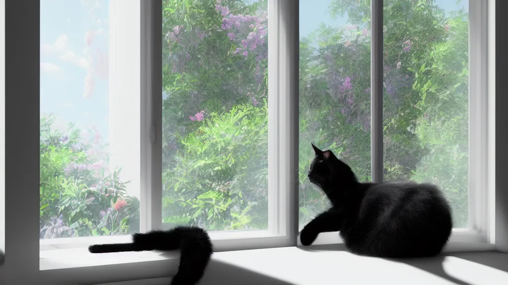 Prompt: peaceful dreamy painting of a content black cat sitting by a window and looking outside, sunshine coming through the window, small plants on the window sill, 8k, hyper realism, trending on artstation, octane render, dynamic lighting