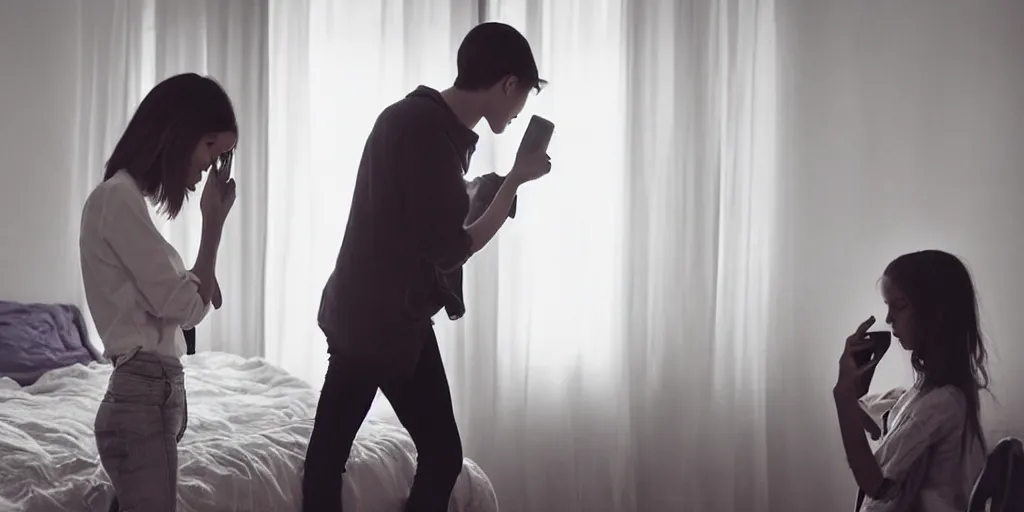 Prompt: a young girl on her cell phone in her bedroom, a 9 foot tall skinny slender man behind her pointing at the phone, side angle, profile, cinematic, dramatic lighting
