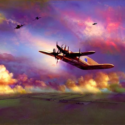 Image similar to a wwii plane flying throw the sky, beautiful colourful clouds illuminated by a purple sun, and a orange sun, trippy clouds, psychedelic sky, colourful by craig mullins