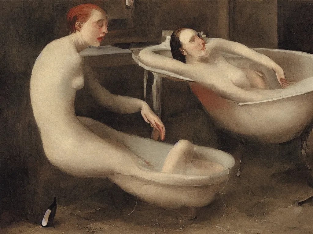 Prompt: woman in a bathtub. painting by fuchs ernst