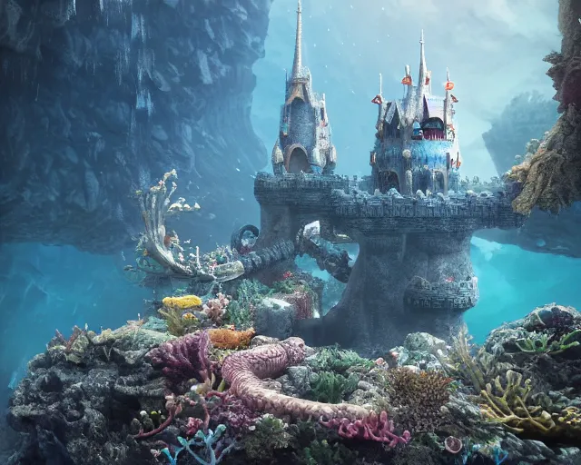Prompt: an underwater kingdom, castle, Alantis. intricate artwork by Tooth Wu and wlop and beeple. octane render, hyper realism, 8k