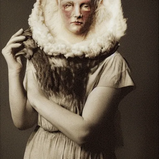 Prompt: A woman with a sheep head, photorealistic, film still