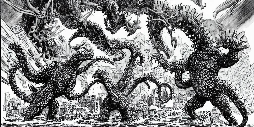 Image similar to godzilla fighting octapus kaiju by walk simonson