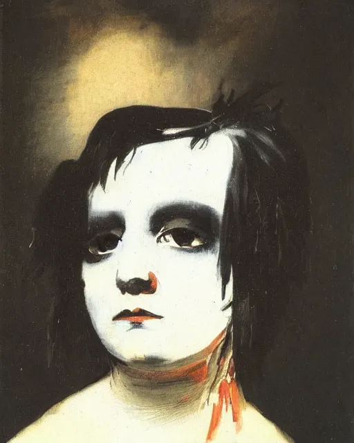 Image similar to A goth portrait painted by Francisco Goya. Her hair is dark brown and cut into a short, messy pixie cut. She has a slightly rounded face, with a pointed chin, large entirely-black eyes, and a small nose. She is wearing a black tank top, a black leather jacket, a black knee-length skirt, a black choker, and black leather boots.