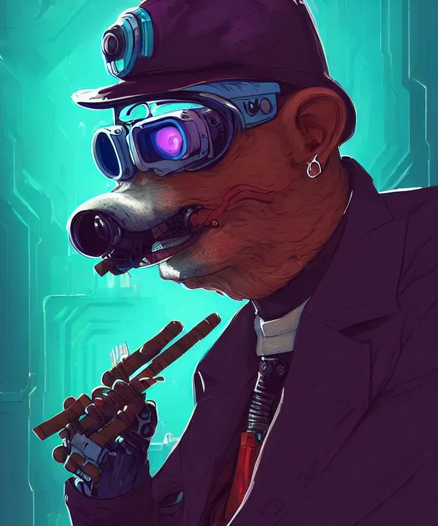 Image similar to a portrait of an anthropomorphic cyberpunk badger smoking a cigar, cyberpunk!, fantasy, elegant, digital painting, artstation, concept art, matte, sharp focus, illustration, art by josan gonzalez