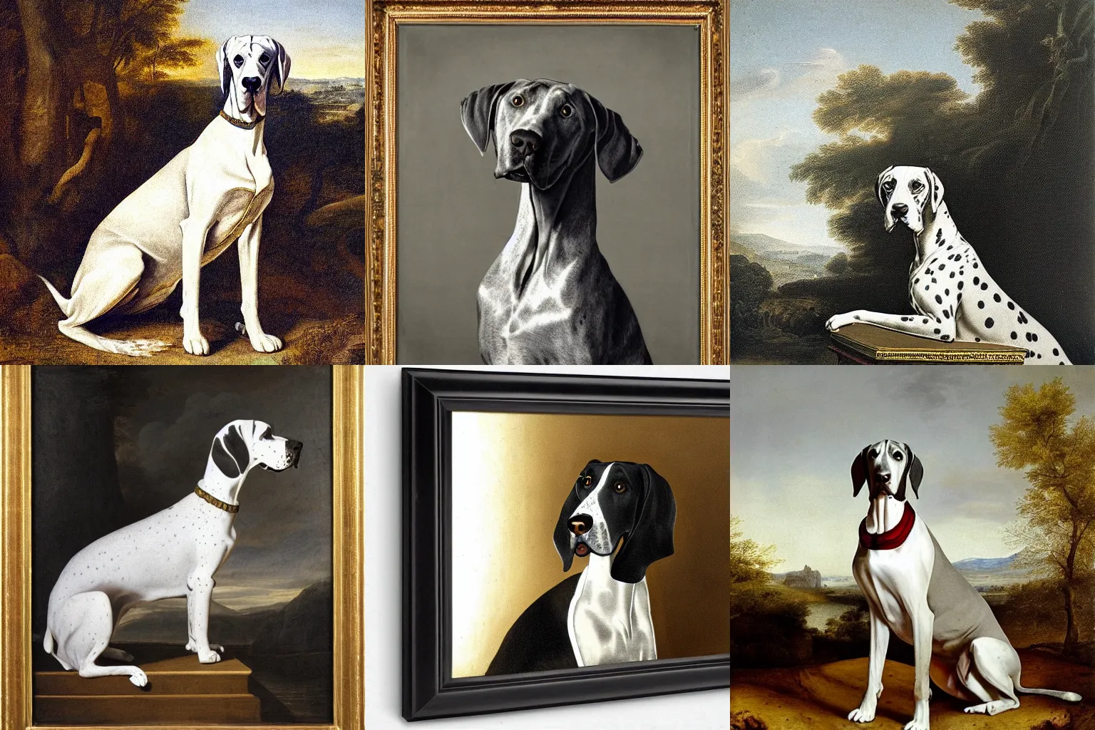 Prompt: a portrait of a slim grey dotted great dane in a scenic environment by mary beale and rembrandt, royal, gold noble, crown, baroque art