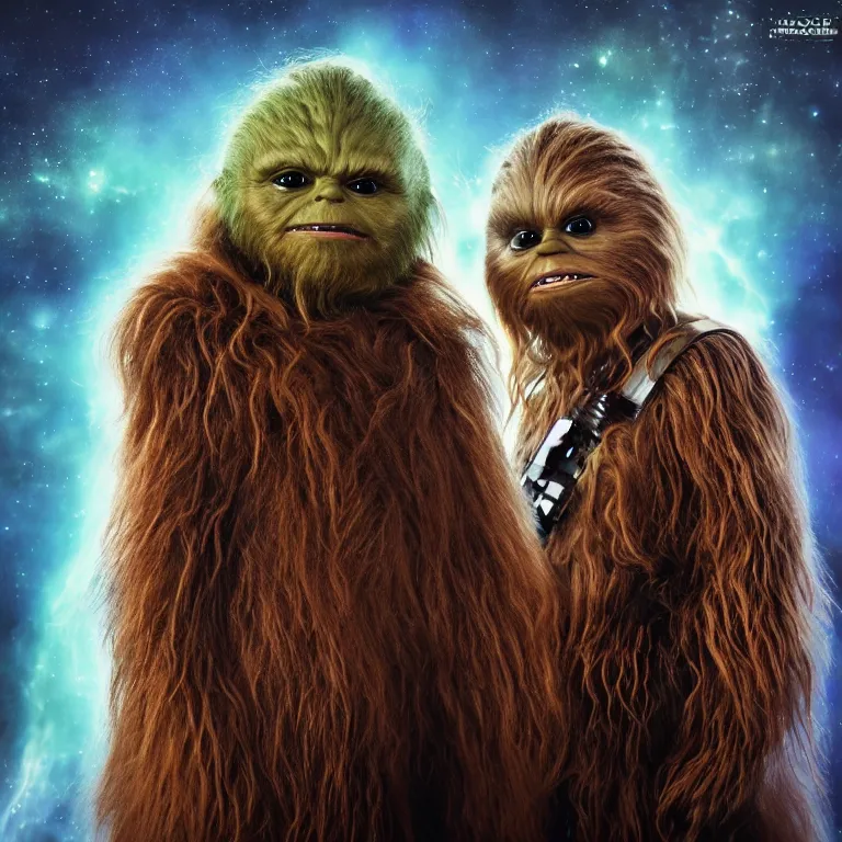 Image similar to chewbacca yoda hybrid from star wars, high quality portrait photoshoot, bokeh, studio lighting, high fashion photoshoot, nebula space background, 8 k