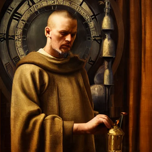 Image similar to medieval monk maintaining an enormous, complex, mechanical clock, oil painting, warm lighting, photorealistic, trending on artstation